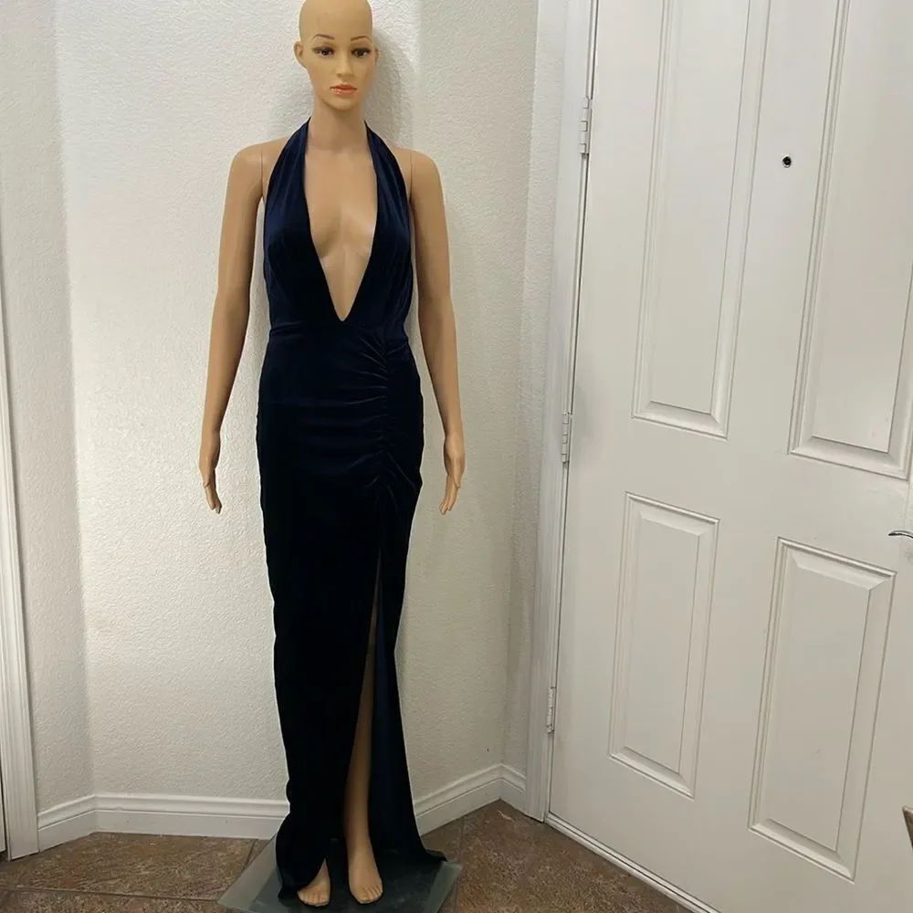Windsor Formal Dress Navy Blue Velvet Deep Plunging V Neck Slimming Ruching Maxi